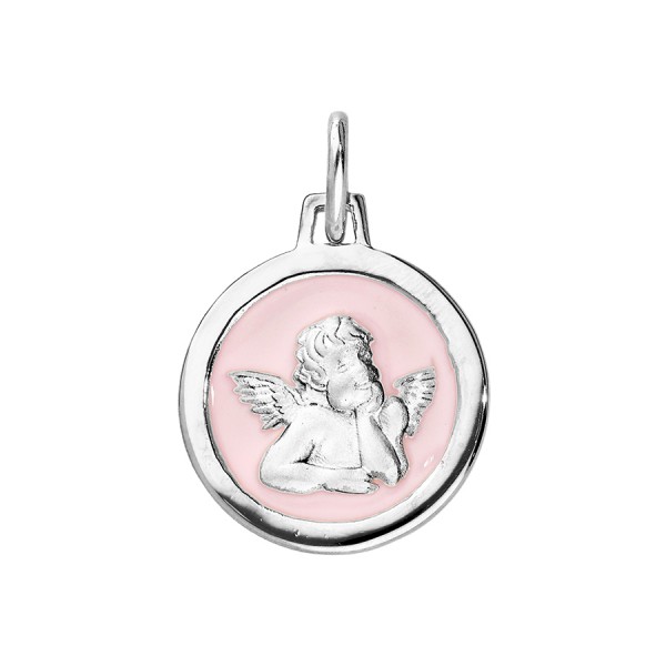 Médaille Ange Argent et Résine rose