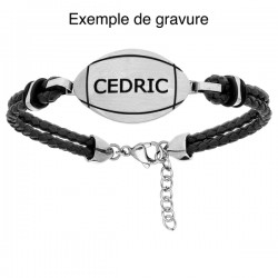 Bracelet cuir homme personnalisé ballon de rugby noir