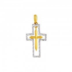 Croix Or blanc aspect diamanté avec pendant croix en Or jaune 750/1000