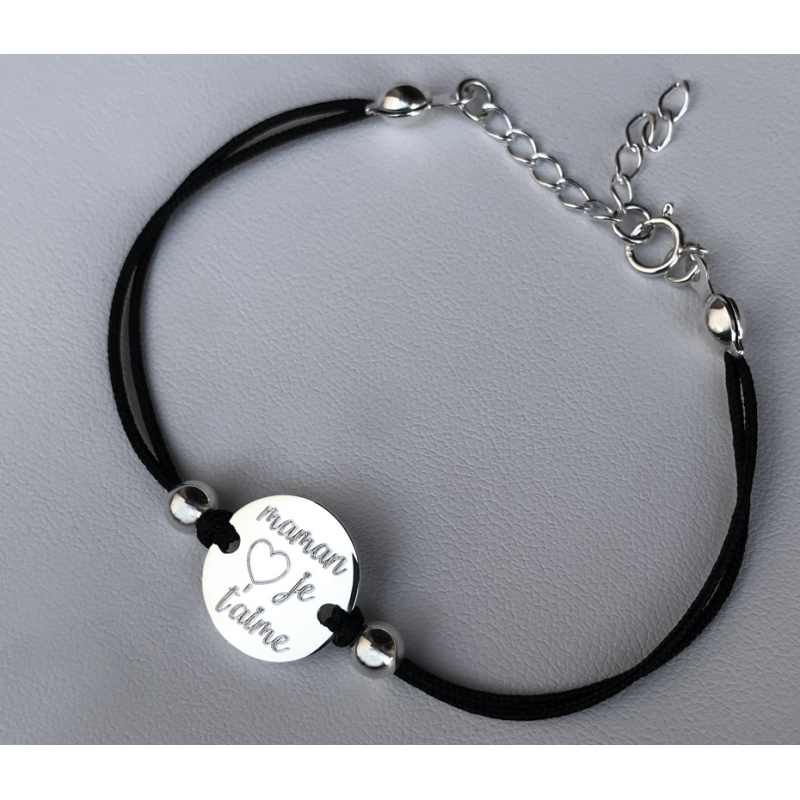 Bracelet argent cordon noir Maman je t'aime