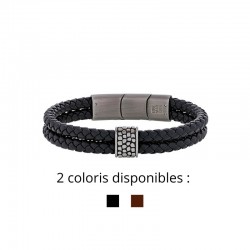 Bracelet homme cuir tressé 2 rangs coloris : noir et marron